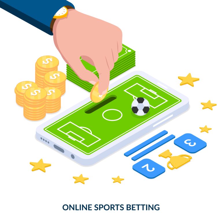 Online sports betting concept. Human hand puts dollar coin in smartphone. Football field with ball and betting score. cash and coins. Isometric vector illustration on white background